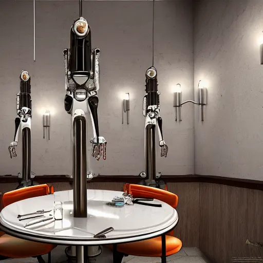 Image similar to three large kuka industrial robot arms having dinner inside a fine dining restaurant with mid century modern furniture and decor, global illumination, artstation, fantasy