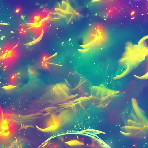 Prompt: fish swimming around, clouds, nebulae, starburst, neon colors, dreamy, phone wallpaper, 4 k, unreal engine, artstation, colorful, beautiful