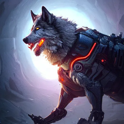 Image similar to an angry cyborg wolf apex predator. intricate, epic lighting, cinematic composition, hyper realistic, 8 k resolution, unreal engine 5, by artgerm, tooth wu, dan mumford, beeple, wlop, rossdraws, james jean, marc simonetti, artstation