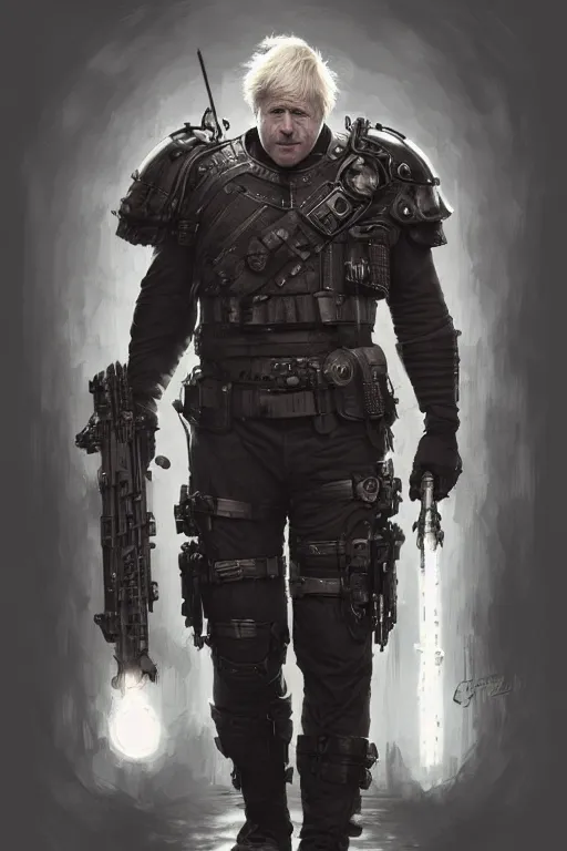 Image similar to Boris Johnson as Punisher, armor plate, realistic portrait, symmetrical, highly detailed, digital painting, artstation, concept art, smooth, sharp focus, illustration, cinematic lighting, art by artgerm and greg rutkowski and alphonse mucha