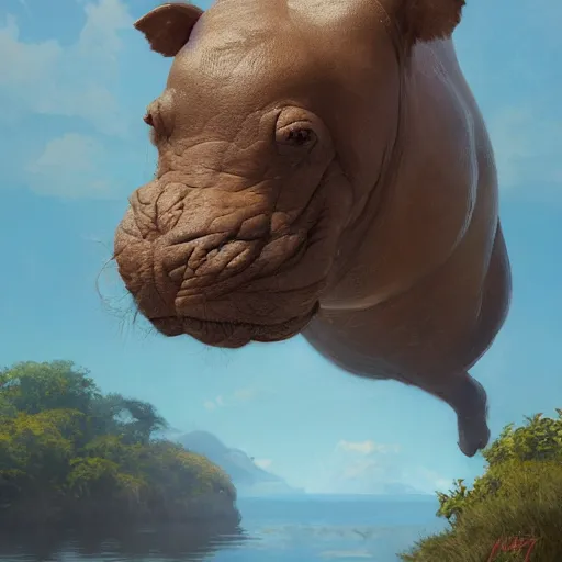 Image similar to a award winning commission portrait of a fit hippo sunbathing,SFW,digital art,art by greg rutkowski,character design by charles bowater,detailed face,hyperdetailed,photorealistic,artstation,deviantart,4k,western comic art,sharp,high definition