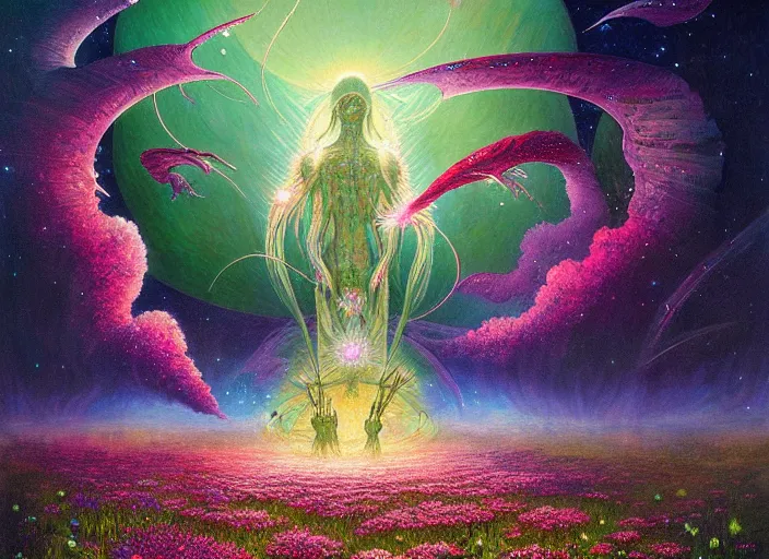 Image similar to a beautiful painting of a large alien shrine shrouded by mystic nebula magic in a field of flowers by moebius and android jones, oil on canvas sharp, details, hyper - detailed, hd, hdr, 4 k, 8 k