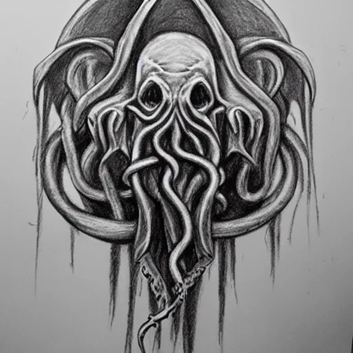 Prompt: a very beautiful pencil drawing of cthulhu