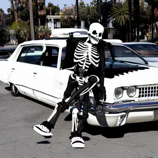 Prompt: Photo of skeletons doing a drive by in Los Angeles with uzis in a lowrider car