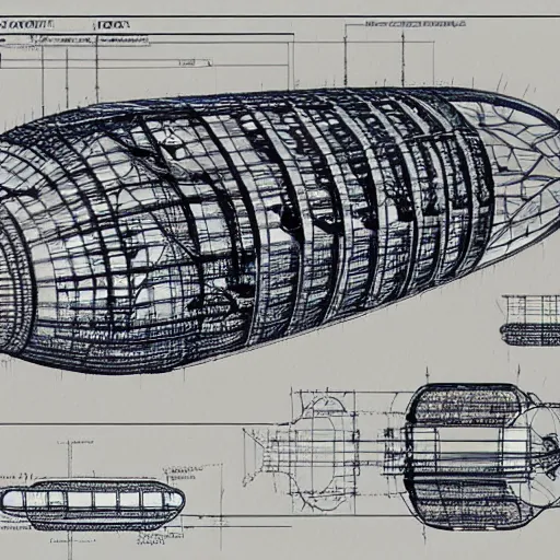 Image similar to detailed blueprints for a steampunk zeppelin