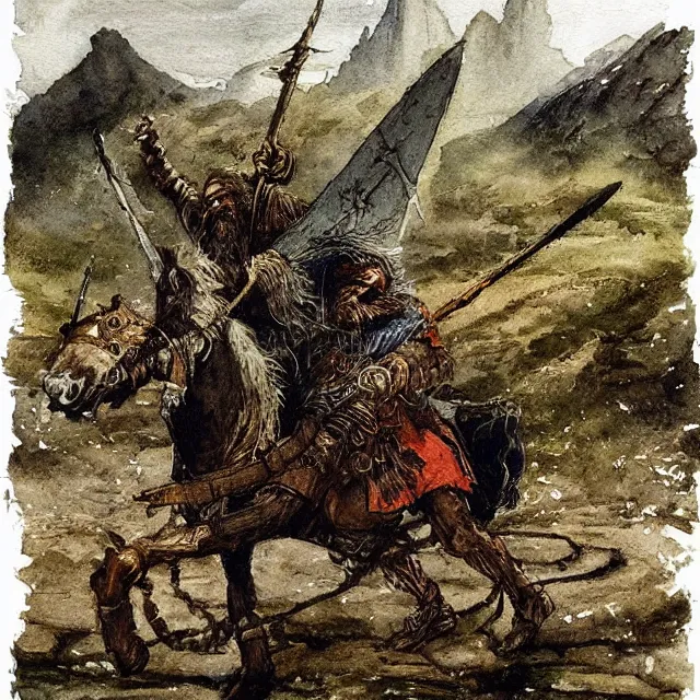 Image similar to “Culhwch the warrior sets off on a quest, a watercolour illustration of the Medieval Welsh Epic, The Mabinogion by Alan Lee”