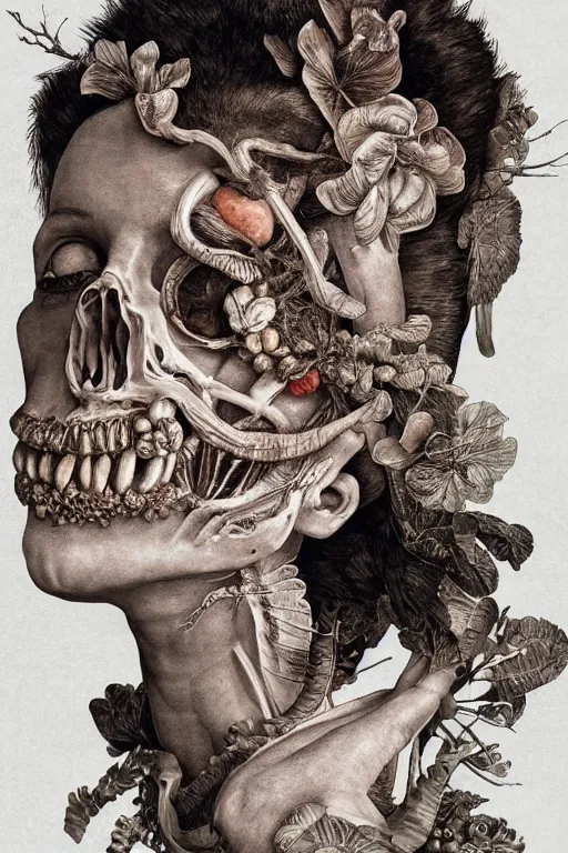 Image similar to Detailed maximalist portrait with large lips and eyes, expressive, botanical skeletal with extra flesh, HD mixed media, 3D collage, highly detailed and intricate, surreal illustration in the style of Caravaggio, dark art, baroque