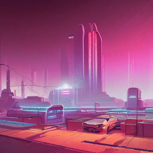 Prompt: afternoon futuristic cityscape in mars, high detail, sharp, neon lights, long shot, sci-fi digital painting by Simon Stålenhag,