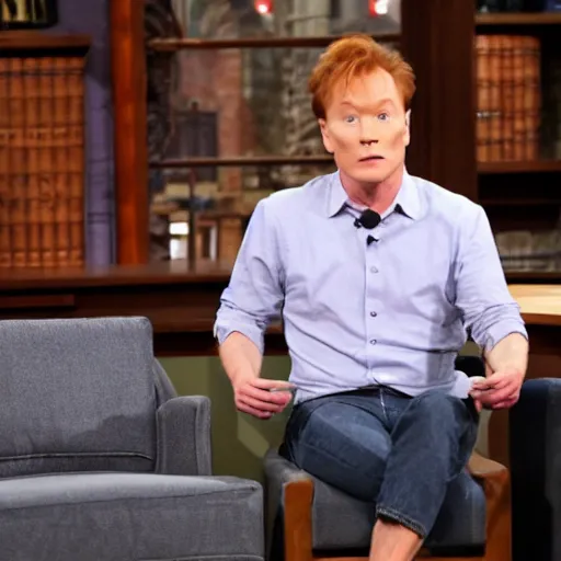 Prompt: conan obrien working as a therapist, wearing short jean shorts, chocolate milk on his lips