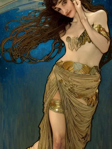 Image similar to a beautiful painting of gal gadot by Alphonse Mucha and by yoshitaka Amano and by Mark Brooks and by gustav klimt and by john william waterhouse, Art Nouveau, Neo-Gothic, gothic, award winning painting, hyperdetailed, detailed, full body