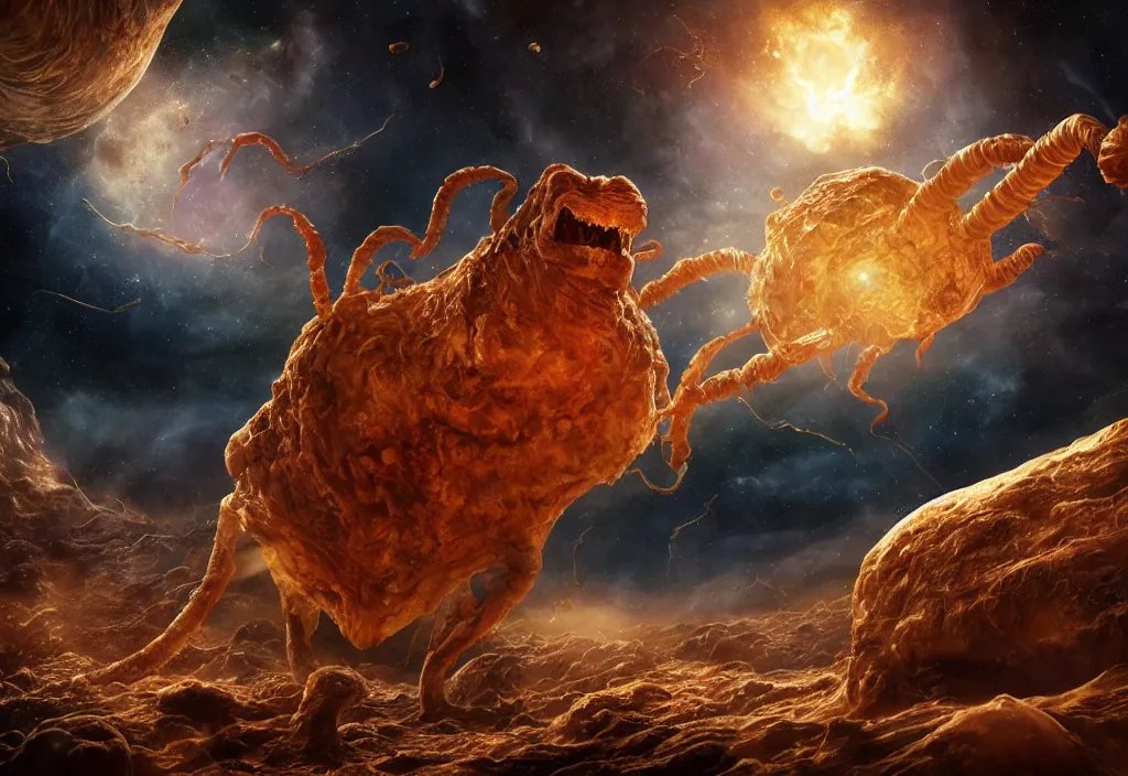 Image similar to eldritch horror bloody garfield in space, hd, 8 k, giant, epic, realistic photo, unreal engine, stars, prophecy, powerful, cinematic lighting, destroyed planet, debris, violent, sinister, ray tracing, dynamic, epic composition, dark, horrific, teeth, grotesque, monochrome drawing, hellscape, death, corpses, foreboding