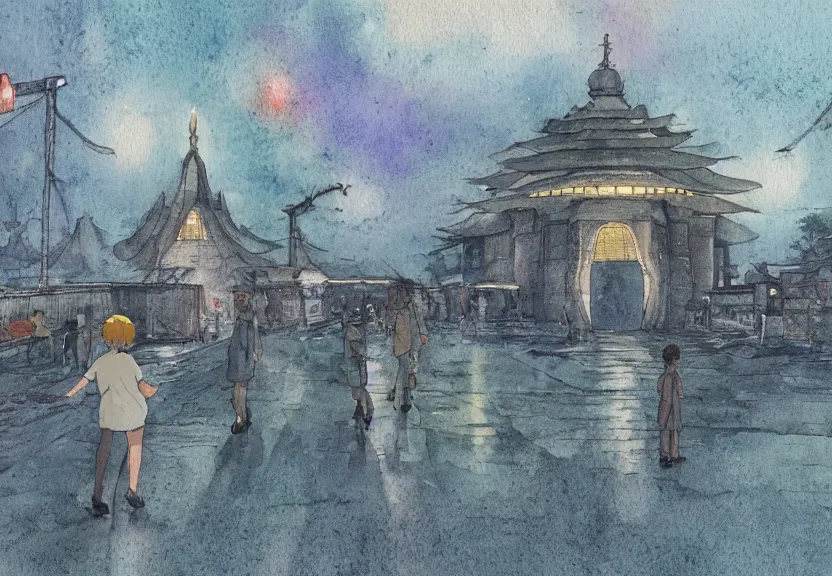 Image similar to a hyperrealist watercolor concept art from a studio ghibli film showing one giant grey alien. a temple is under construction in the background in india on a misty and starry night. by studio ghibli. very dull muted colors