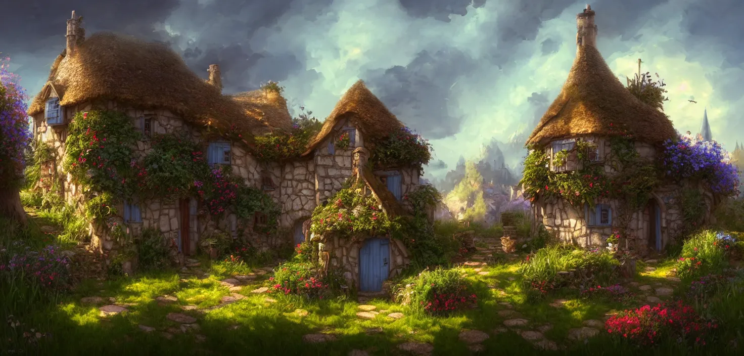 Prompt: an illustration of the small medieval fantasy garden house in a town with many cute flower pots and beautiful blue sky scenery, cinematic view, epic sky, detailed, concept art, low angle, high detail, warm lighting, volumetric, godrays, vivid, beautiful, trending on artstation, by jordan grimmer, huge scene, grass, art greg rutkowski