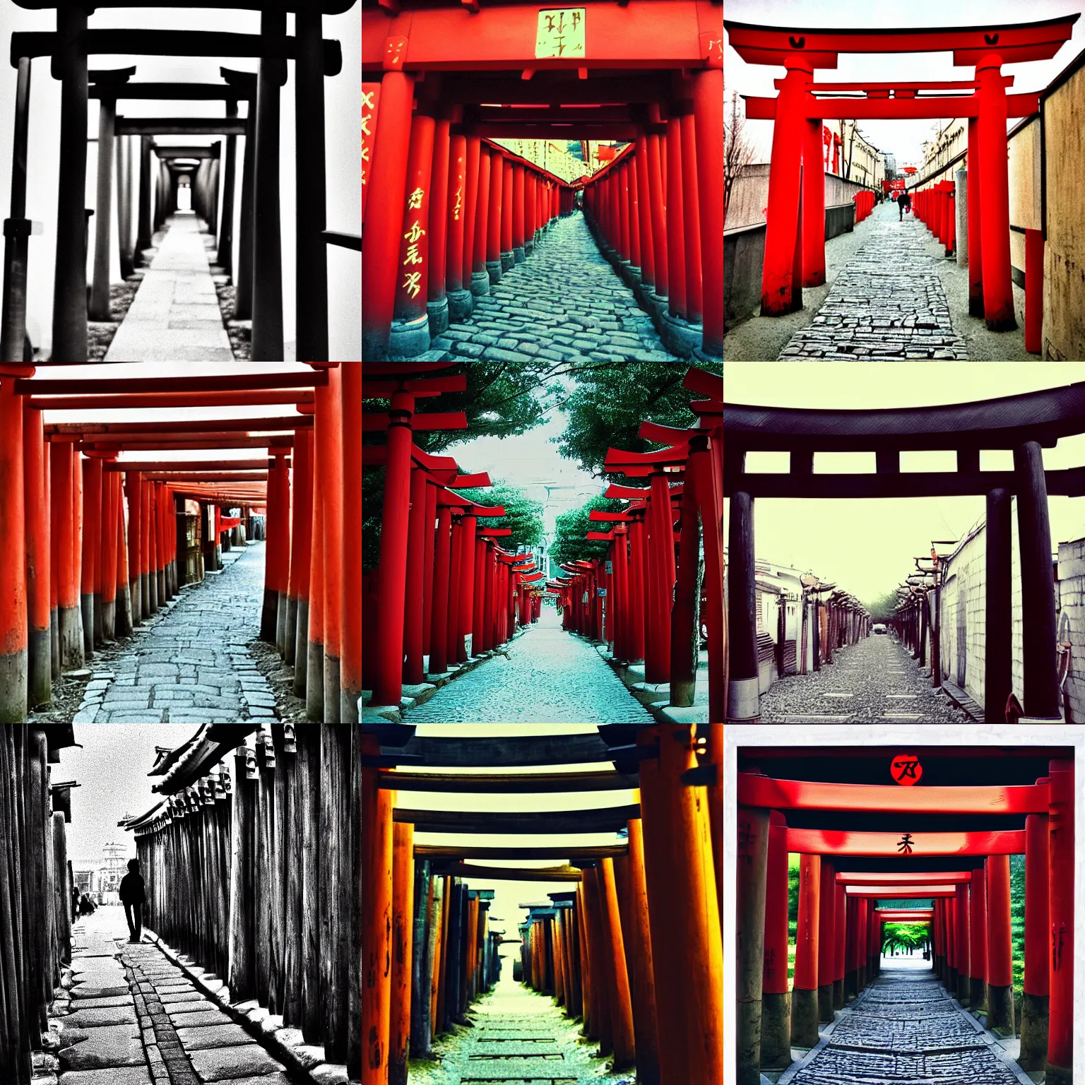 Prompt: shinto torii alley in St Petersburg, Russia, words written in cyrillic, film grain, perspective correction, three point perspective