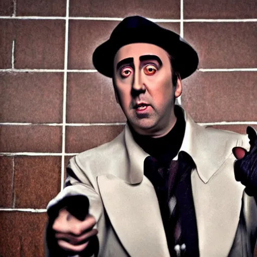 Image similar to nic cage but he is playing the hamburgler, movie still, hd digital photography