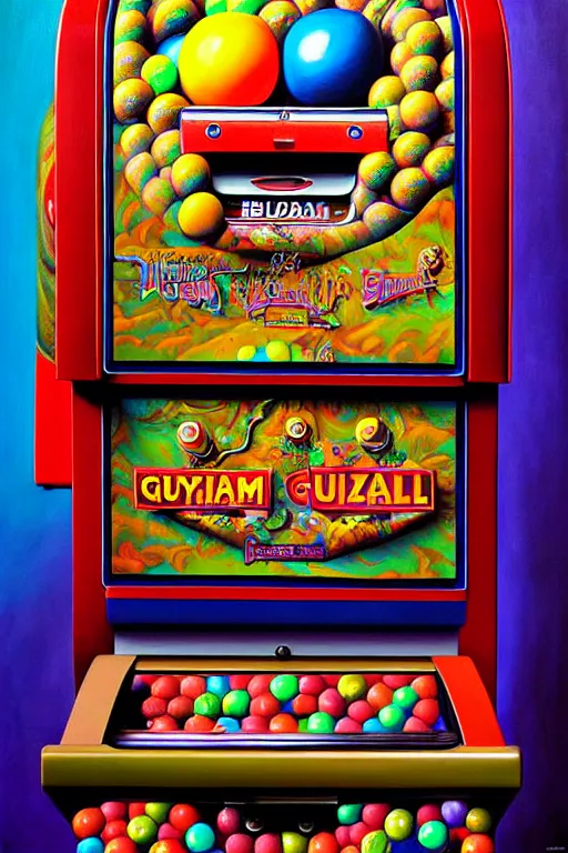 Image similar to a hyperrealistic painting of a gross gum ball machine with ugly prizes, cinematic horror by jimmy alonzo, the art of skinner, chris cunningham, lisa frank, richard corben, highly detailed, vivid color,