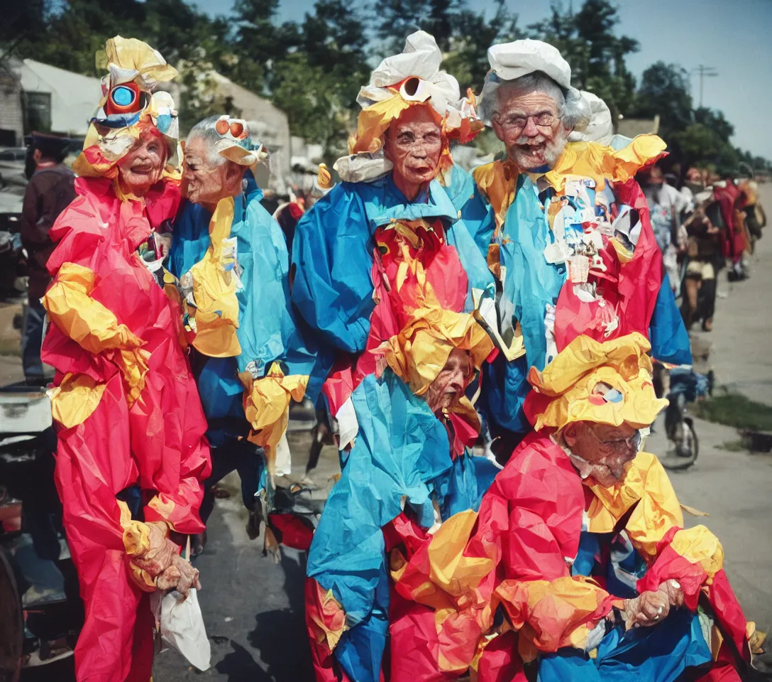 Image similar to a martin parr photo of a grandpa couple, wearing weird trash costumes, fujifilm velvia 5 0