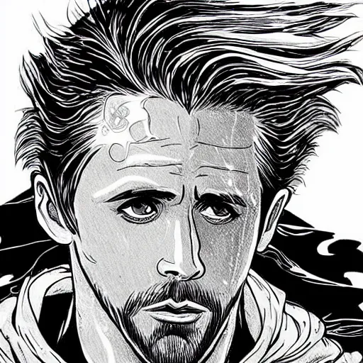 Prompt: black and white pen and ink!!!!!!! MAPPA designed Ryan Gosling wearing cosmic space robes made of stars final form flowing royal hair golden!!!! Vagabond!!!!!!!! floating magic swordsman!!!! glides through a beautiful!!!!!!! Camellia!!!! Tsubaki!!! death-flower!!!! battlefield dramatic esoteric!!!!!! Long hair flowing dancing illustrated in high detail!!!!!!!! by Moebius and Hiroya Oku!!!!!!!!! graphic novel published on 2049 award winning!!!! full body portrait!!!!! action exposition manga panel black and white Shonen Jump issue by David Lynch eraserhead and beautiful line art Hirohiko Araki!! Rossetti, Millais, Mucha, Kentaro Miura, Jojo's Bizzare Adventure!!