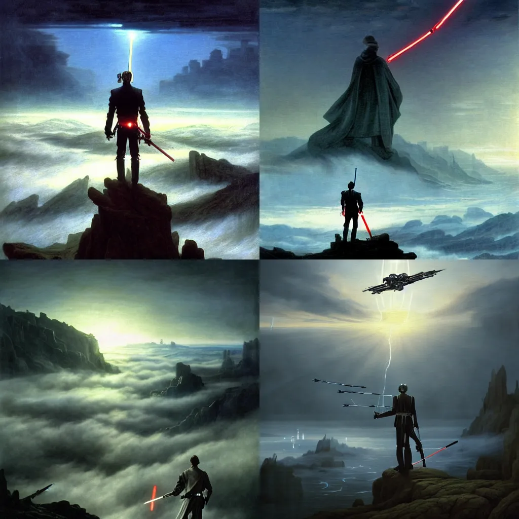 Prompt: General Grievous holding lightsabers, wanderer above the sea of fog by caspar david friedrich, dramatic lighting, epic, galaxy, extreme detail