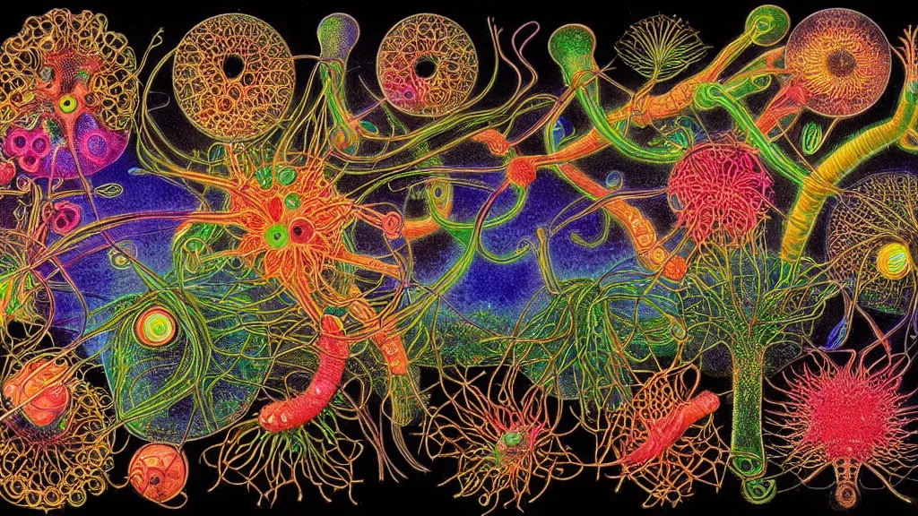 Image similar to quantum connections represented as symbiotic organisms like cells playing around with colorful lights by ernst haeckel, connectivity, sharp, realistic, magnetic