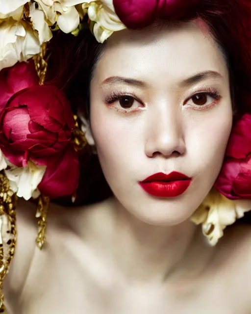 Image similar to Portrait of a woman, close-up, high sharpness, zeiss lens, fashion photo shoot, peony flowers, red hair, red lipstick, in the background of gold, on their face stratsEnni Leibovitz and Steve McCurry, David Lazar, Zhong Lin, Jimmy Nelsson, Eiko Hosoe , artistic, hyper-realistic, beautiful face, octane rendering