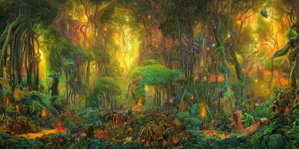 Image similar to beautifully detailed painting of a dreamy psychedelic rainforest with fireflies and fairies, intricate coral, fungal gems, iridescent crystal monoliths, obelisks and an aurora borealis, mossy stumps by dan mumford, diego rivera, eugene delacroix, jean leon gerome, eddie mendoza