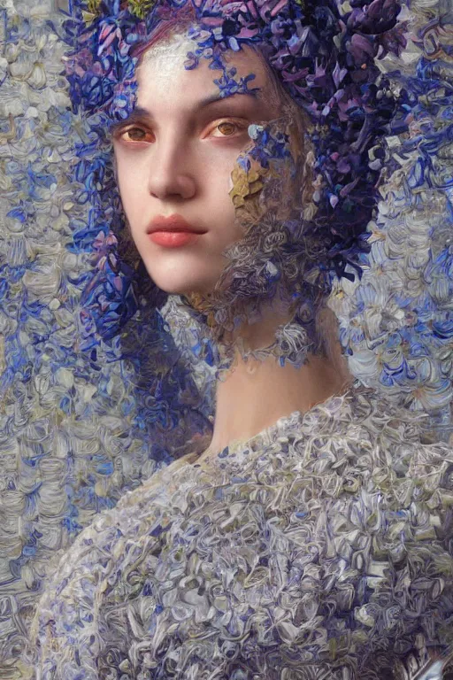 Image similar to portrait of beautiful young mainem, warhammer, russian style, cyber armor with scars, a lot of more scars, more and more flowers, blue head, the middle ages, highly detailed, artstation, illustration, art by jean delville, 8 k quality