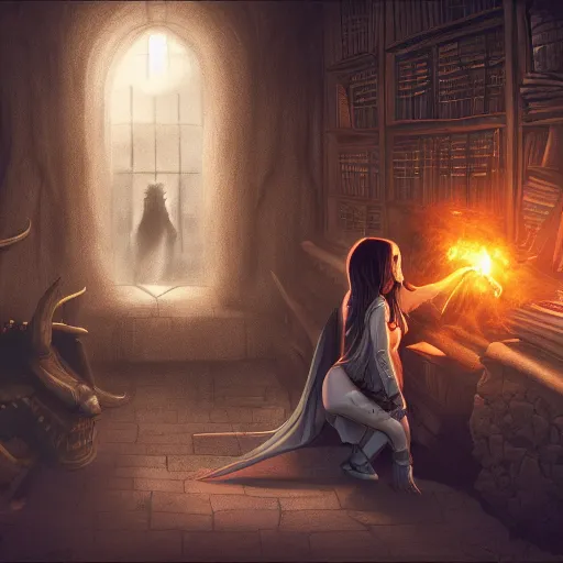 Prompt: girl summoning a demon in a dark library, fantasy art, 8 k, hdr, wallpaper