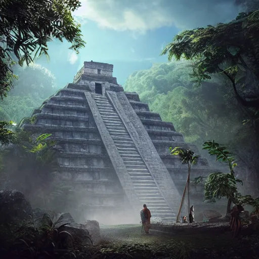 Image similar to mayan temple in the jungle, by tom bagshaw, sunlit, mist, octane render