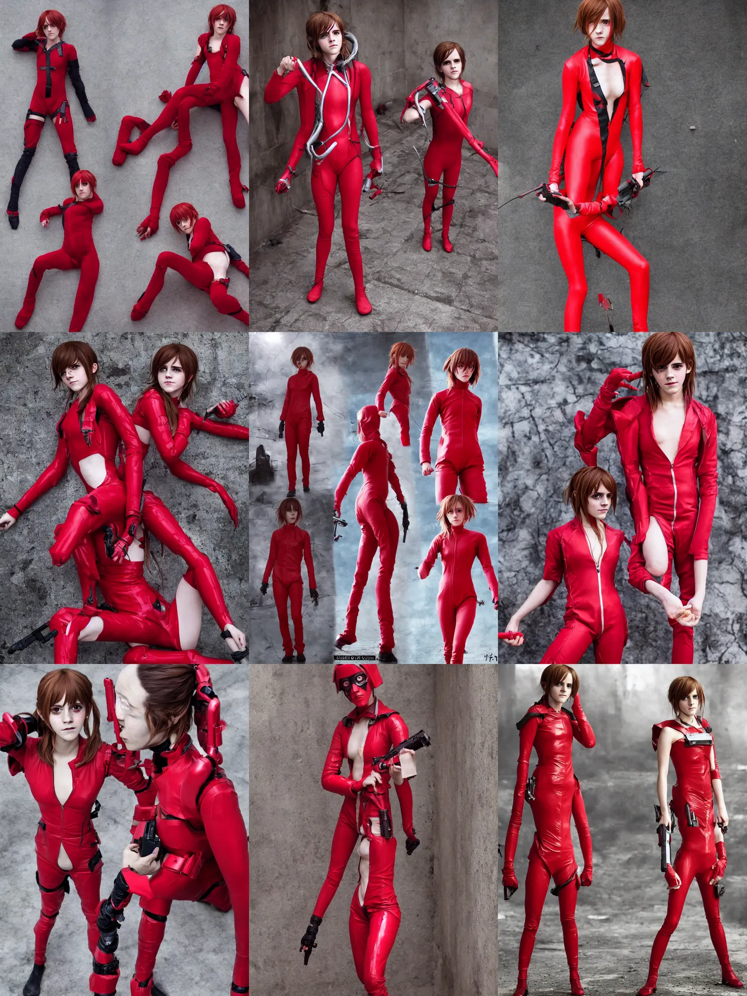 Prompt: Emma Watson cosplaying as Gasai Yuno from Future Diary , in her signature red plugsuit , DSLR , wallpaper , Mirai Nikki cosplay solo photoshoot , full body , cinematic 4K blu-ray , japanese live-action movie