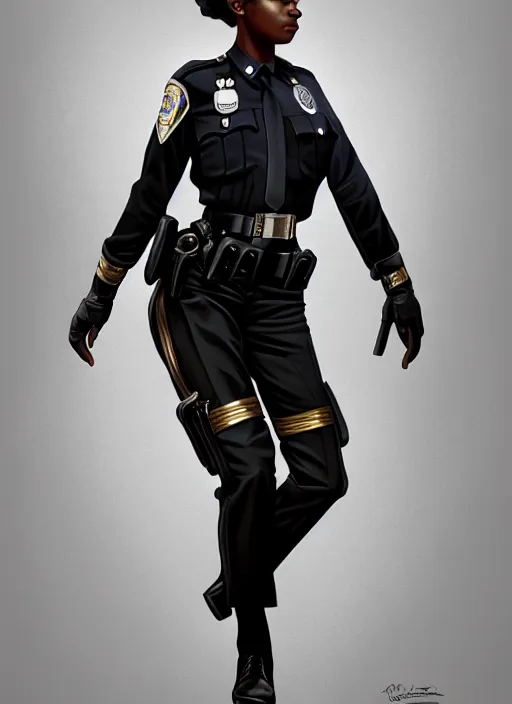 Prompt: full body portrait of young black woman as a police officer, police uniform, intricate, beautiful and elegant, highly detailed, digital painting, artstation, concept art, smooth, sharp focus, illustration, art by wlop, mars ravelo and greg rutkowski