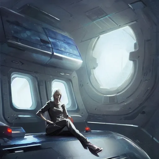 Image similar to concept art by greg rutkowski, a very tall, and slender blonde woman, wearing blue utilitarian jumpsuit, sitting in the spaceship command bridge, brutalist futuristic interior, dark lighting atmosphere, detailed portraits, nostalgic atmosphere, scifi, digital painting, artstation, concept art, smooth, sharp foccus ilustration, artstation hq