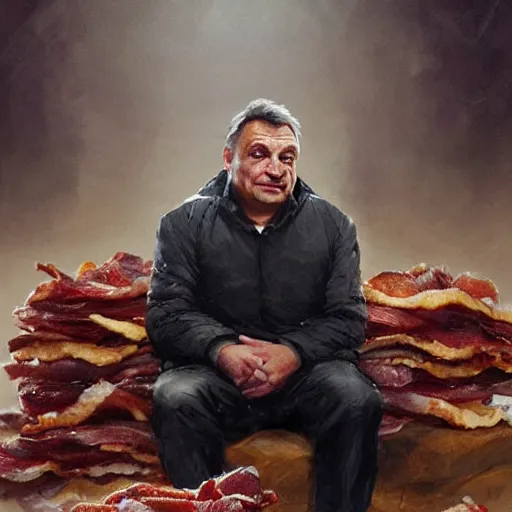 Image similar to viktor orban with detailed eyes, sitting on a large pile of bacon by greg rutkowski