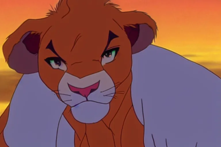 Image similar to simba from the lion king in a still from the anime neon genesis evangelion, neon genesis evangelion official media, high quality, hideaki anno anime