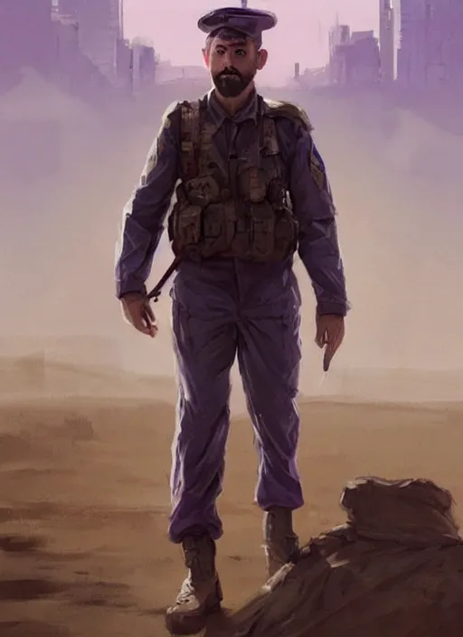 Prompt: purple scene lighting, detailed character portrait!!! concept art, older ryan gosling as a soldier with beard, short hair, in a soldier uniform, desert background, city skyline, sharp focus, illustration, highly detailed, digital painting, concept art, matte, art by wlop and artgerm and greg rutkowski, masterpiece