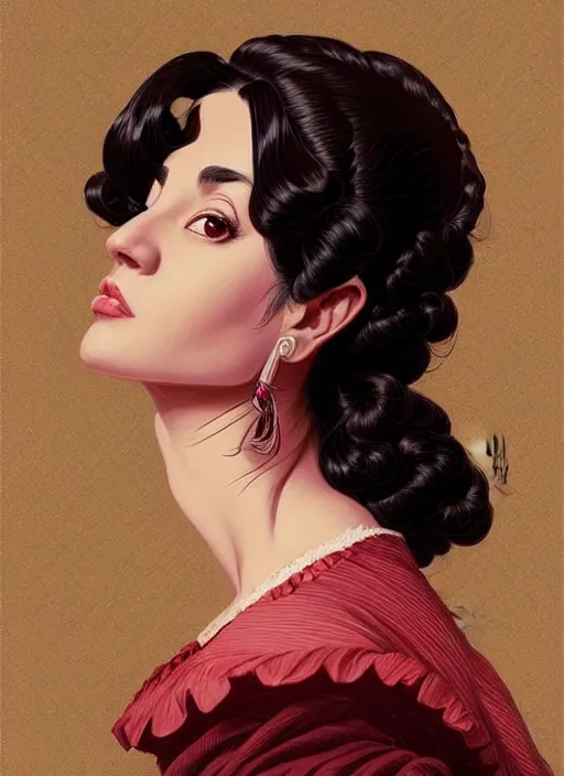 Image similar to a portrait of a young hispanic woman with a crooked nose in victorian clothing, confident pose, intricate, elegant, sharp focus, illustration, highly detailed, concept art, matte, trending on artstation, anime, art by james jean and artgerm and brian despain and alberto mielgo, greg rutkowski, wlop, ilya kuvshinov, strong strokes