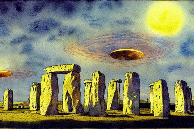 Image similar to a realistic and atmospheric watercolour fantasy concept art of a golden ufo landing on top of stonehenge. by rebecca guay, michael kaluta, charles vess and jean moebius giraud