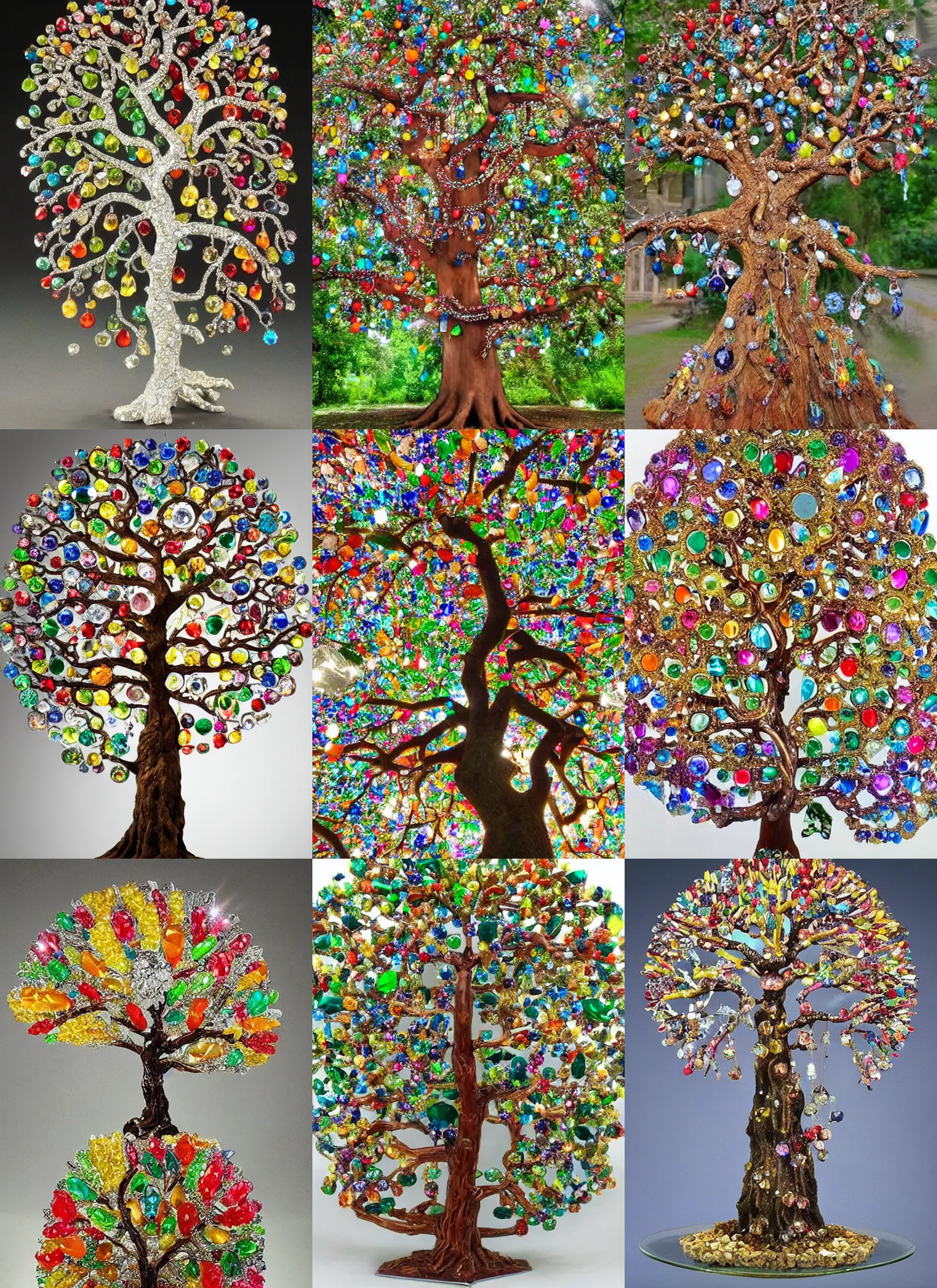 Prompt: 2 0 0 year old tree with crystals, gems and diamond for fruit, colorful, intricate branches, filigrane