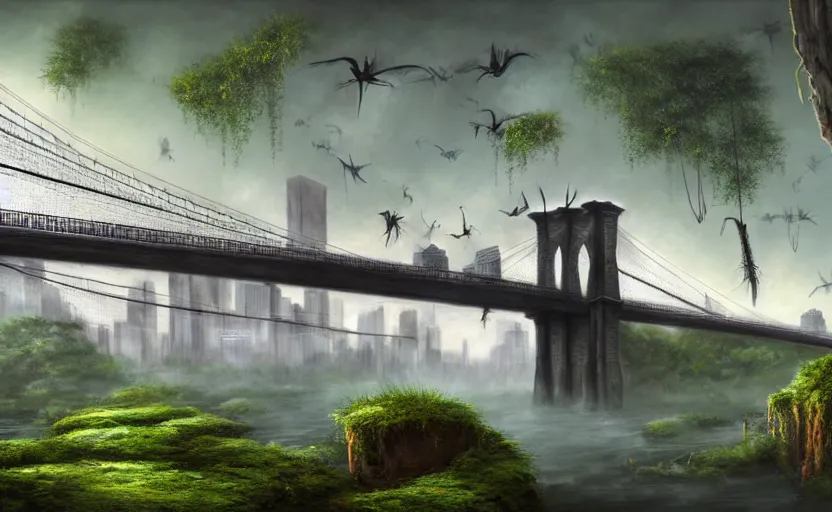 Image similar to an epic landscape view of vines and moss growing on the brooklyn bridge, moss, jungle, with pterosaurs flying, close - up, low angle, wide angle, atmospheric, volumetric lighting, cinematic, very realistic, sharp, highly detailed digital art, painted by tyler edlin