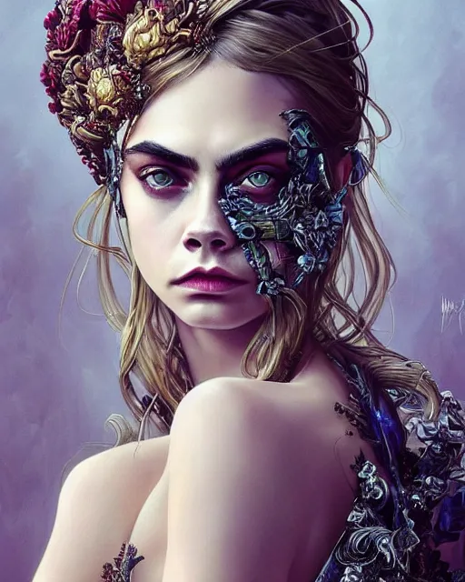 Image similar to cara delevingne wearing epic haute couture by Alexander McQueen, extremely beautiful face, masterpiece, intricate, elegant, highly detailed, digital painting, artstation, concept art, smooth, sharp focus, illustration, art by artgerm and james jean and greg rutkowski and alphonse mucha