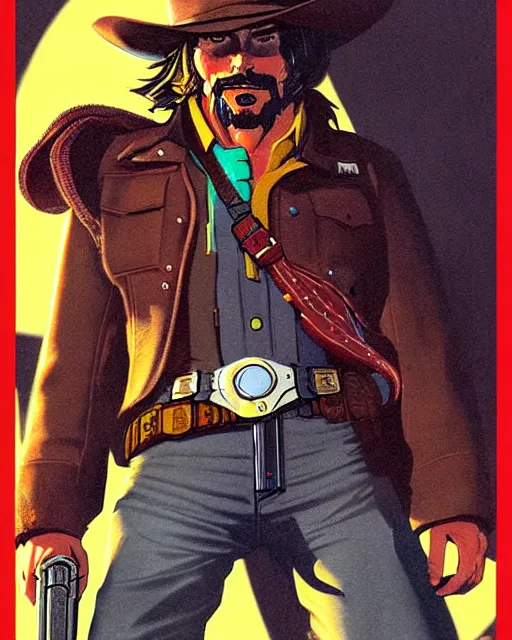 Image similar to mccree from overwatch, space cowboy, character portrait, portrait, close up, concept art, intricate details, highly detailed, vintage sci - fi poster, retro future, in the style of chris foss, rodger dean, moebius, michael whelan, and gustave dore