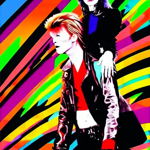 Image similar to david bowie from china girl getting a piggy back ride from ziggy stardust, digital art, glam rock. pop art background.