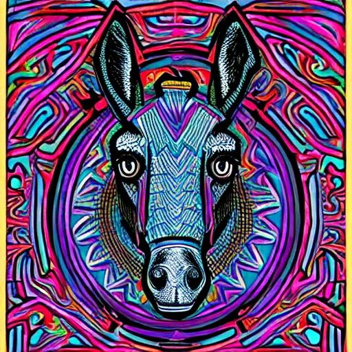 Prompt: a mule in the style of alex grey