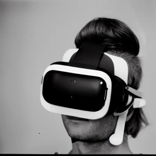 Image similar to a black and white polaroid of a man using virtual reality in the 60s