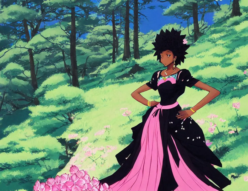 Image similar to black - skinned princess of the azalea mountains, wearing a lovely dress. this gouache painting by the award - winning mangaka has an interesting color scheme, plenty of details and impeccable lighting.