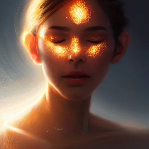 Image similar to Portrait of a light being, radiant, glowing light, filaments of light everywhere, intricate, cinematic lighting, highly detailed, digital painting, artstation, concept art, smooth, sharp focus, illustration, art by Artgerm and Greg Rutkowski, Cgsociety