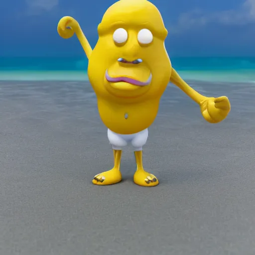 Image similar to a lemon cartoonish character, that is muscular, is relaxing on a beach, inspired by dalle - 2, octane render, 3 d, volumetric lightening