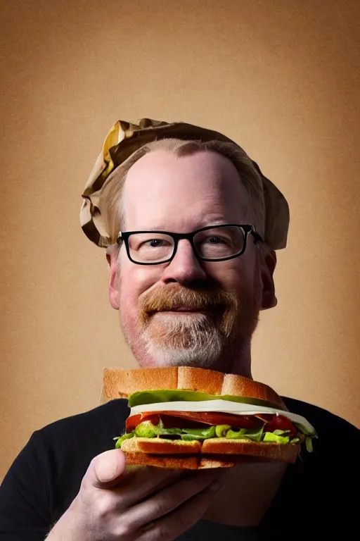 Image similar to 📷 portrait of adam savage the sandwich, food man, still image, dynamic lighting, 4 k