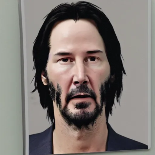 Image similar to a photo portrait photo of keanu reeves mugshot after being arrested, holding a sign with random numbers, 8 k resolution, photorealistic