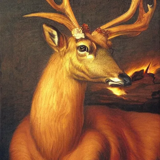 Prompt: a flaming deer portrait in the style of renaissance painting